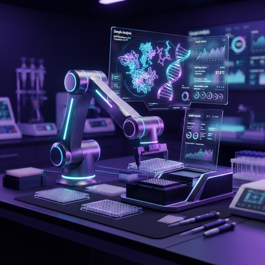 Automatisierter Laborroboter, der durch KI-gestützte Analysen und holografische Molekülstrukturen überlagert wird.