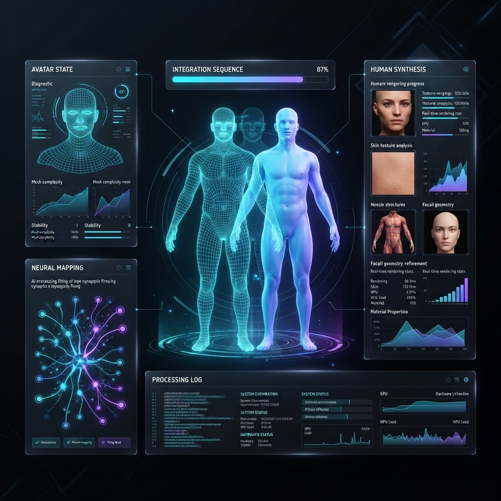 Technisches Dashboard, das die Transformation eines Drahtgittermodells zu einem fotorealistischen KI-Avatar zeigt