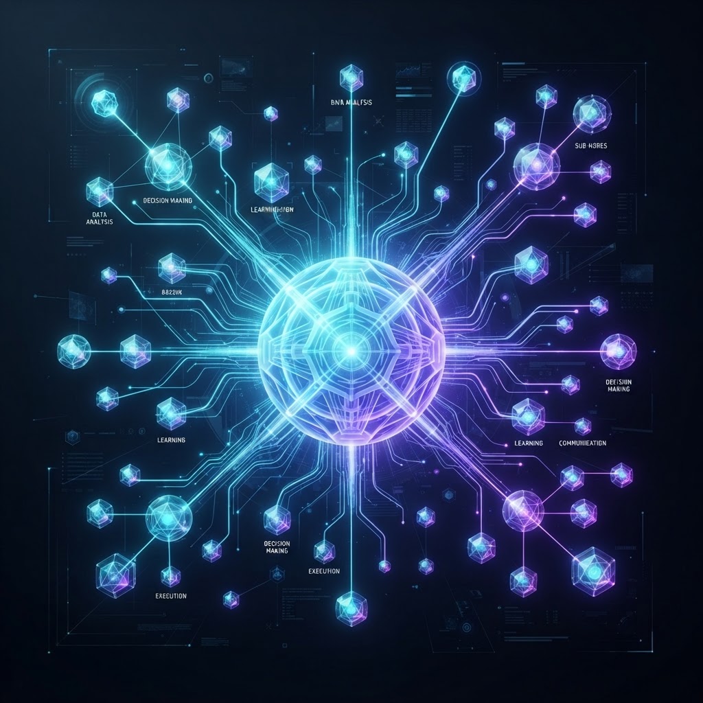 Visualisierung eines Multi-Agent-Systems mit spezialisierten KI-Knotenpunkten.