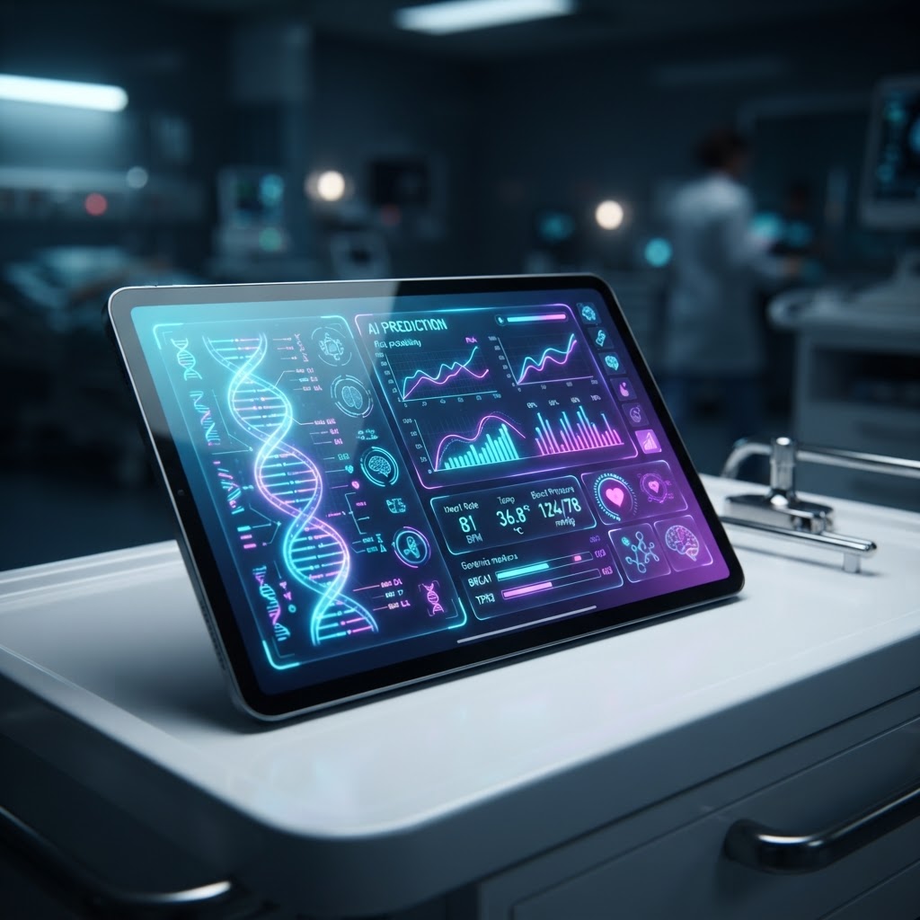 Digitales Tablet mit einem KI-Dashboard für medizinische und genomische Analysen.