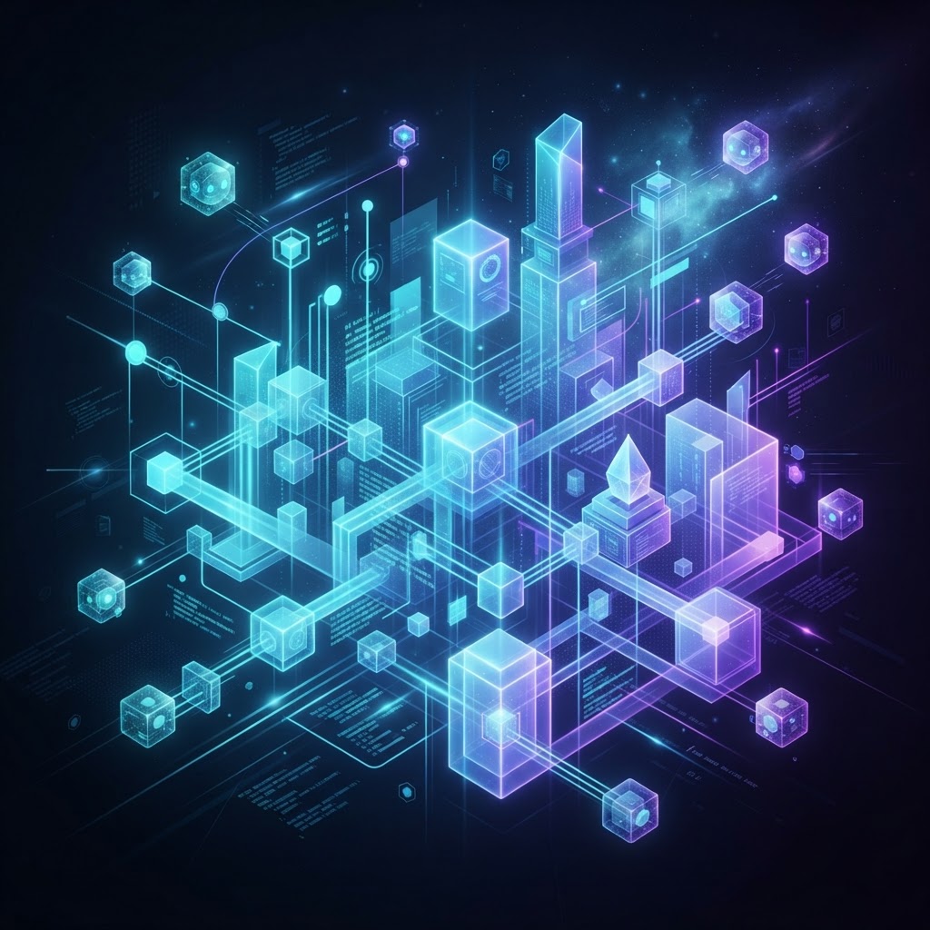 Abstrakte Visualisierung von KI-Agenten, die autonom komplexe Code-Strukturen und Netzwerke aufbauen.