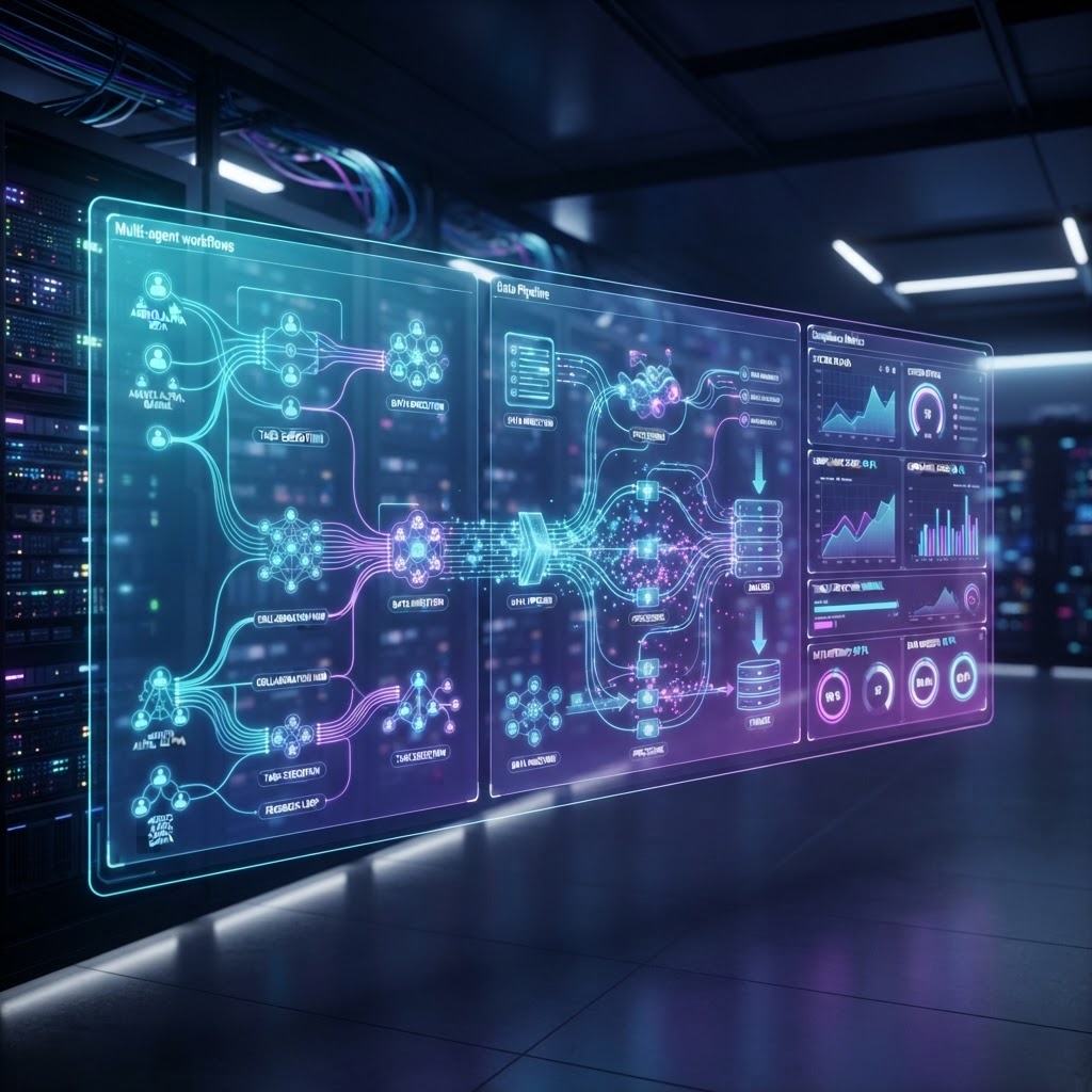 Holografisches Dashboard zur Überwachung von Multi-Agenten-Systemen und EU AI Act Compliance.