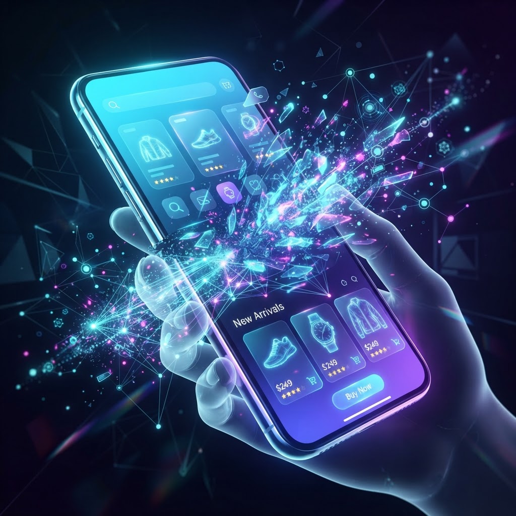 Generative UI Konzept: Ein dynamisches Shop-Interface passt sich in Echtzeit an den Nutzer an