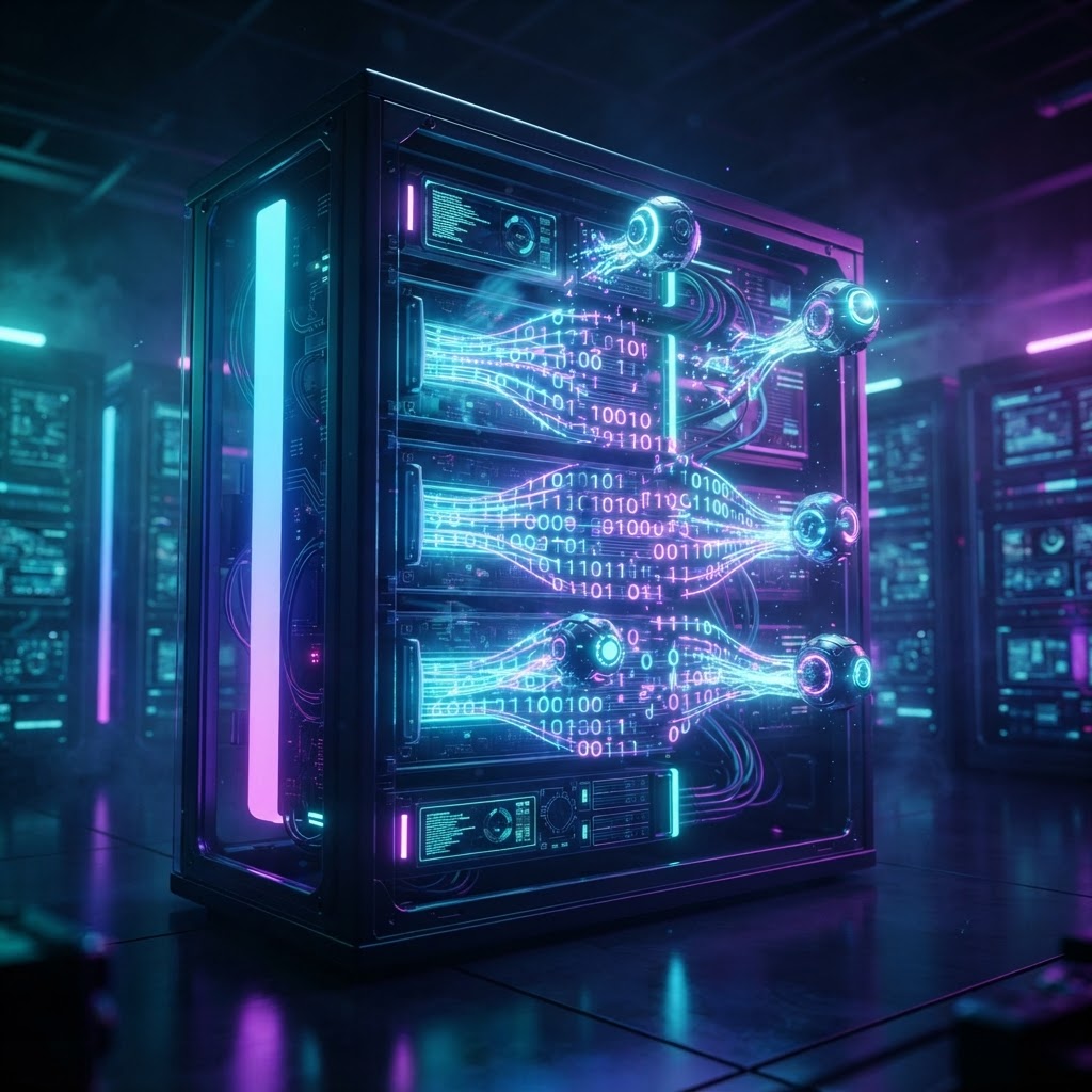 Symbolische Darstellung von Self-Healing Code durch leuchtende Datenströme in einem Serverraum