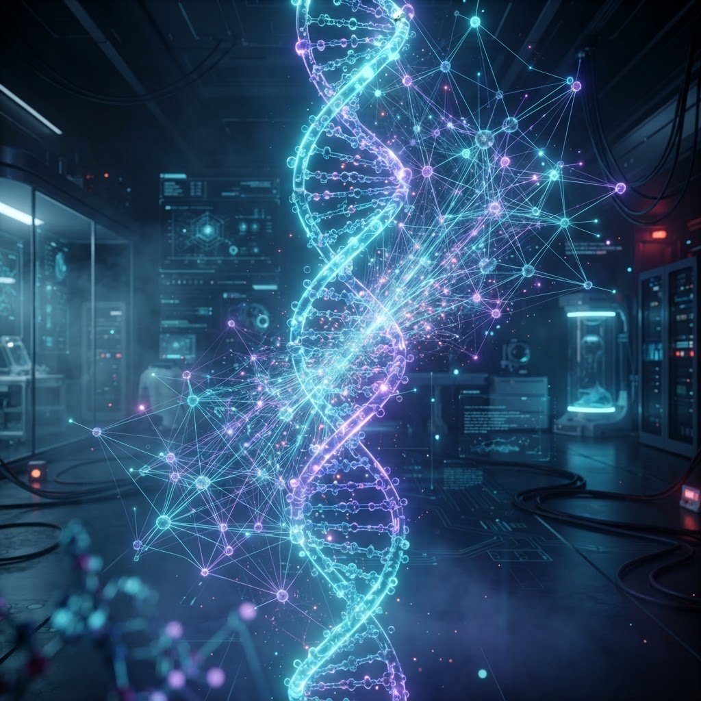 Futuristische Darstellung einer DNA-Helix, die mit einem digitalen neuronalen Netz verschmilzt, als Symbol für KI in der Pharma.