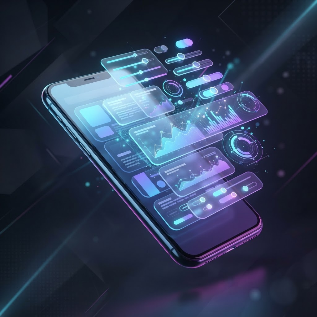 Generative UI auf einem Smartphone: Text wandelt sich in interaktive 3D-Komponenten und Diagramme um.