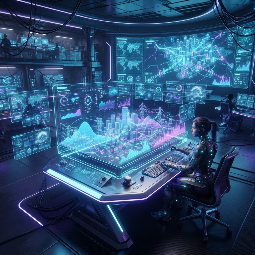 Holografische Datenvisualisierung eines Smart Grids in einem modernen KI-Kontrollzentrum mit blauen Datenströmen.