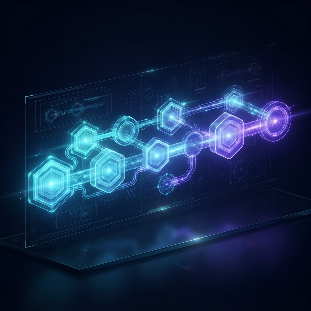 Lineare Pipeline-Architektur eines Prompt-Chaining-Workflows im Blueprint-Stil.