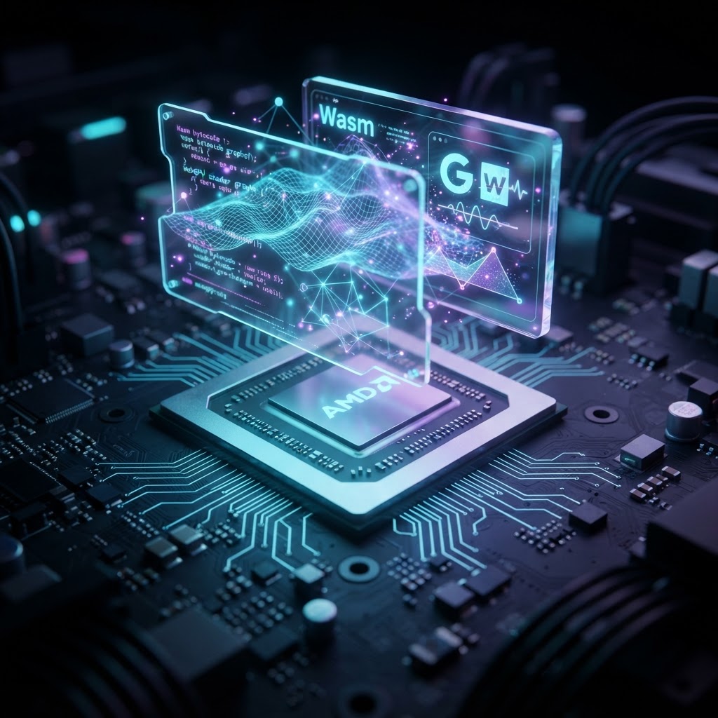 Holografische Darstellung von WebGPU und WebAssembly über einem modernen Mikrochip.