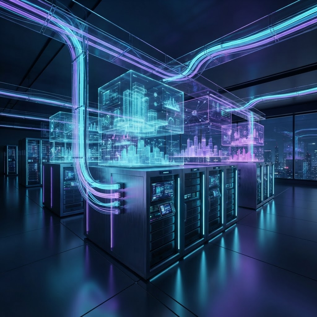 Holografische 3D-Assets, die über leistungsstarken Server-Racks für skalierbare Metaverse-Anwendungen schweben.