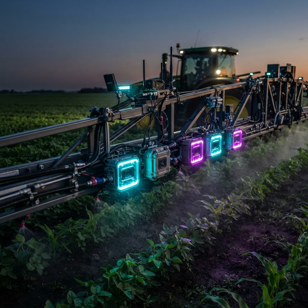 Traktor-Spritzgestänge mit integrierten Computer-Vision-Kamerasensoren bei der Feldarbeit