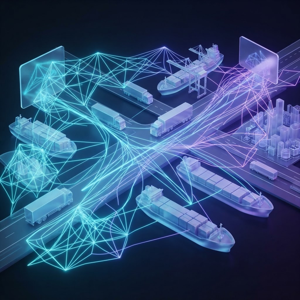 Abstrakte Darstellung von neuronalen Netzen, die Logistik-Datenpunkte in Echtzeit verarbeiten