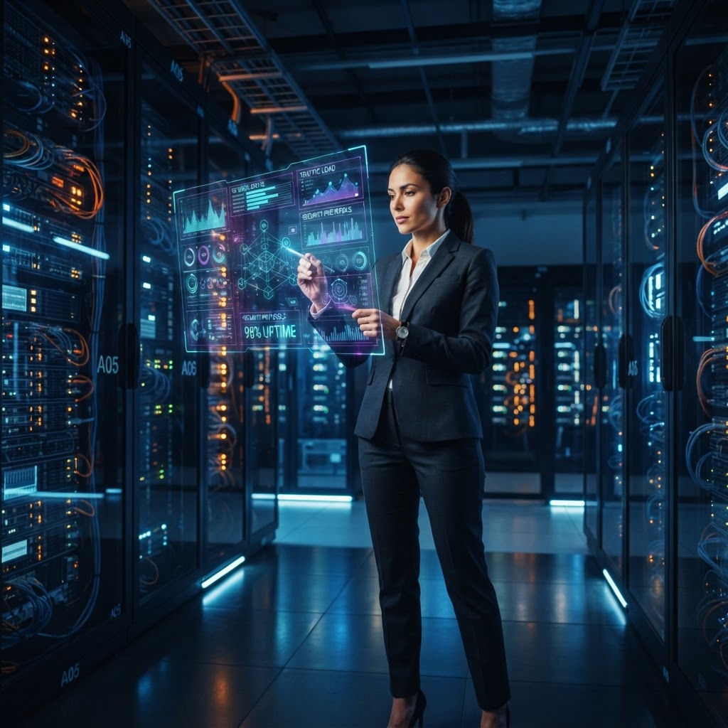 KI-Architekt analysiert hybride Cloud-Metriken in einem hochmodernen Enterprise-Rechenzentrum.