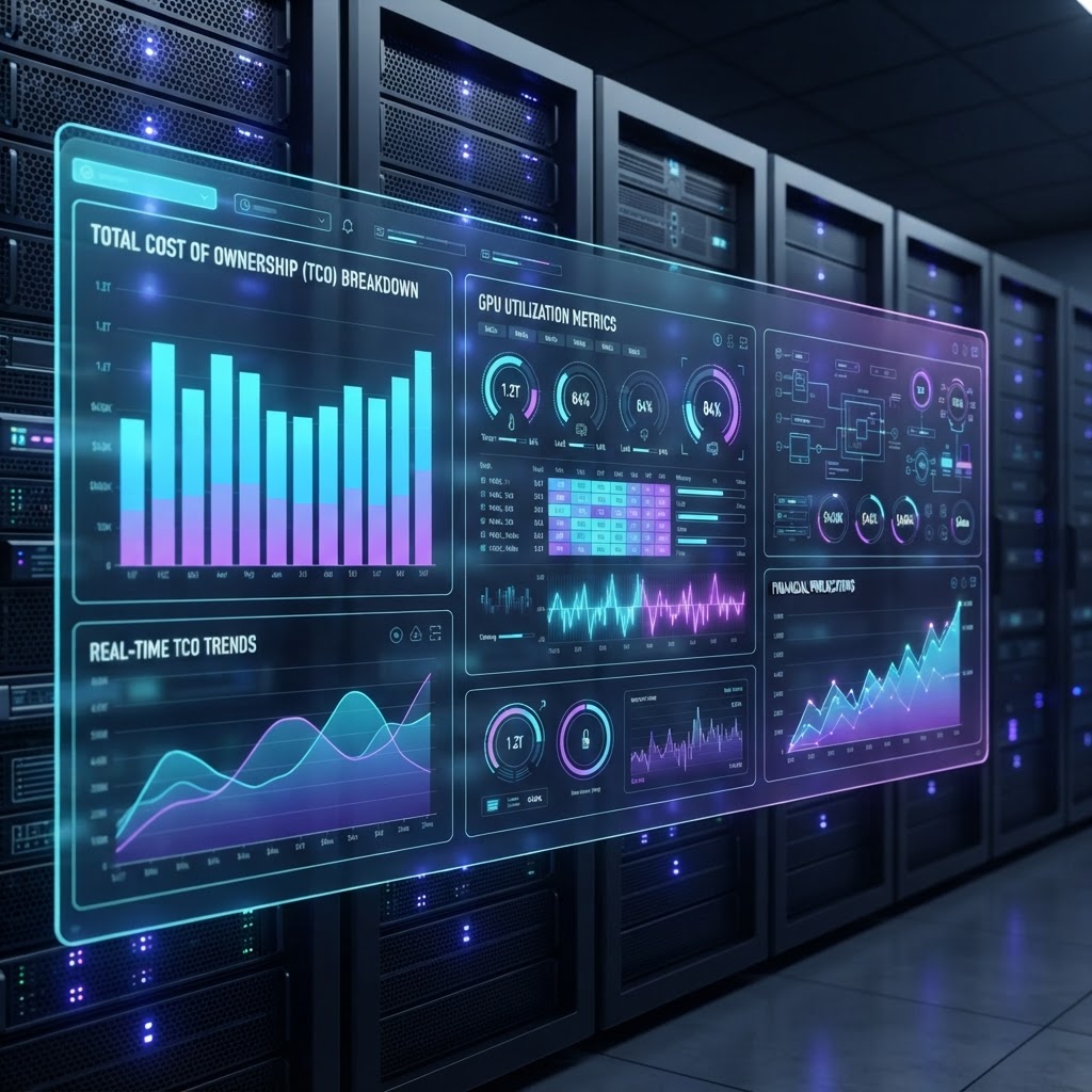 Digitales Dashboard zur Überwachung von GPU-Auslastung und TCO-Kennzahlen in einem Rechenzentrum.