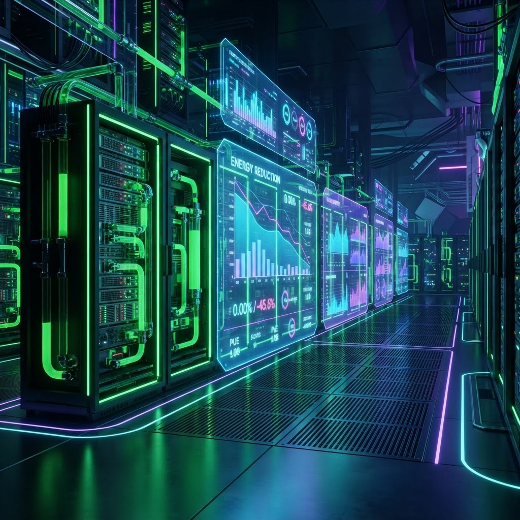 Server-Racks mit grünen Kühlungsströmen und holografischen Energie-Effizienz-Daten im Rechenzentrum