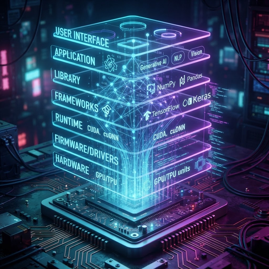 Abstrakte holographische Darstellung eines KI-Software-Stacks und Tensor-Compilern über einem Mikrochip.