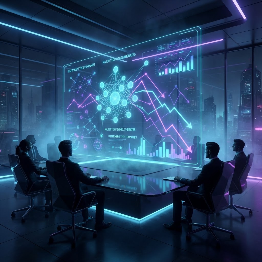 Holografische Datenvisualisierung von Marktkonsolidierung und KI-Wettbewerb im Konferenzraum