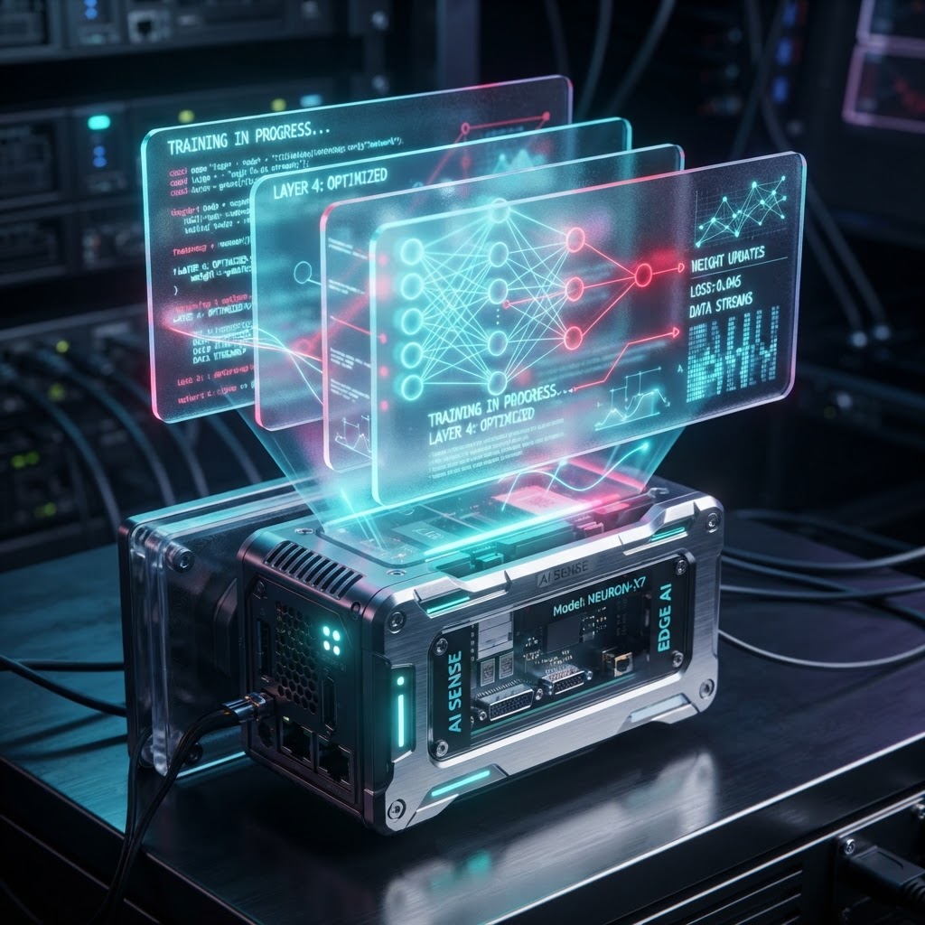 Kompaktes Edge-Gerät in einer Industrieumgebung, das komplexe Daten für ein lokales KI-Modell verarbeitet.