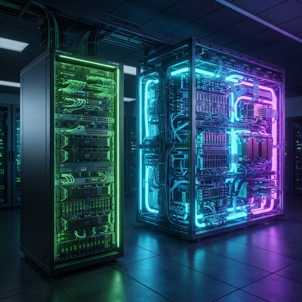 Kontrast zwischen einem riesigen Rechenzentrum und einem effizienten lokalen Server-Rack für SLMs.