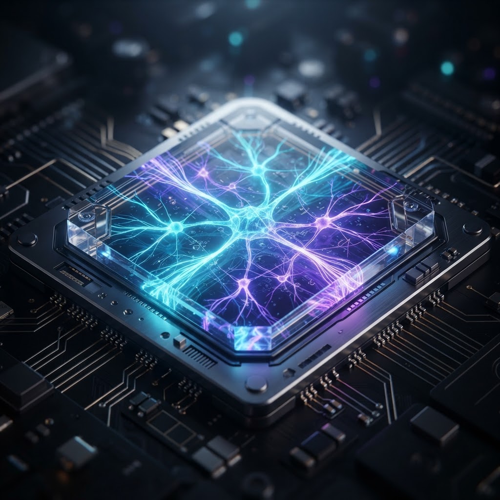 Nahaufnahme eines leuchtenden Mikrochips, der neuronale Netzwerke verarbeitet