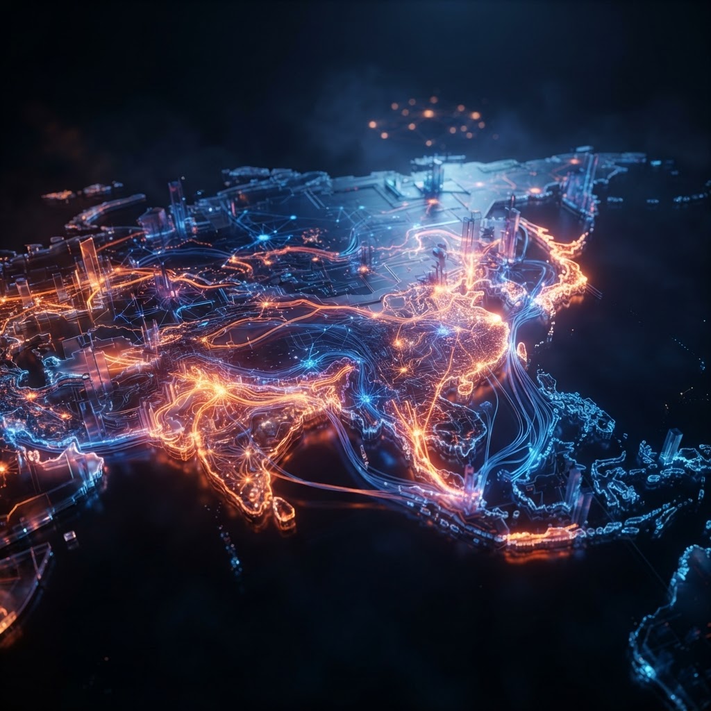 Futuristisches Netzwerk über dem asiatischen Kontinent, das den KI-Boom im Global South symbolisiert.