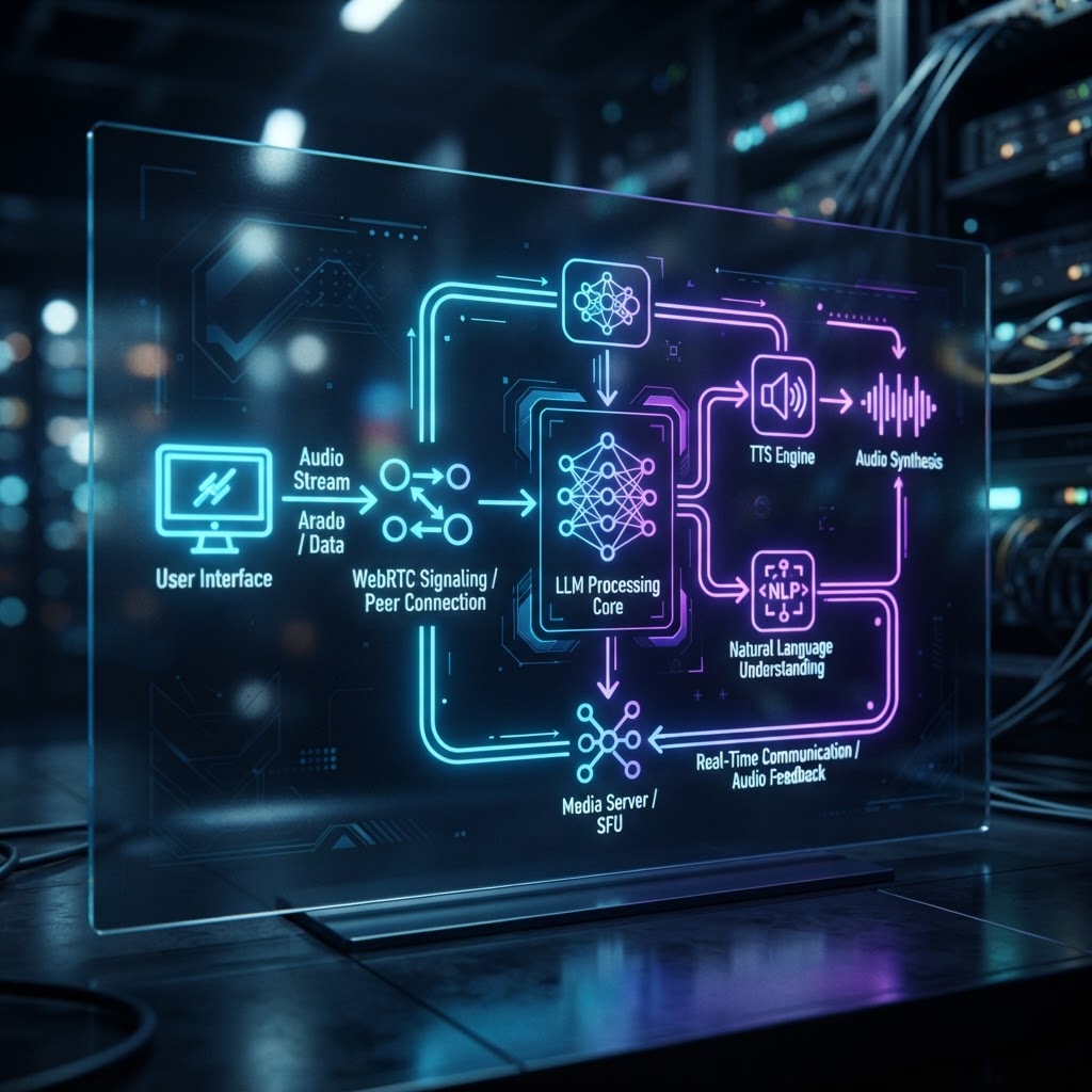 Architektur-Diagramm für interaktive KI-Avatare mit WebRTC und LLM-Integration