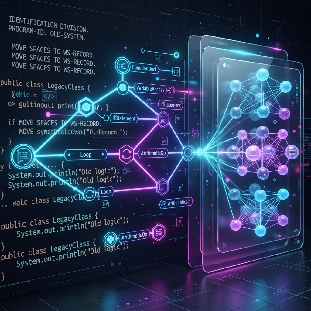 Visualisierung eines Abstract Syntax Trees, der Legacy-Code mit einer modernen Vektordatenbank zur semantischen Analyse verbindet