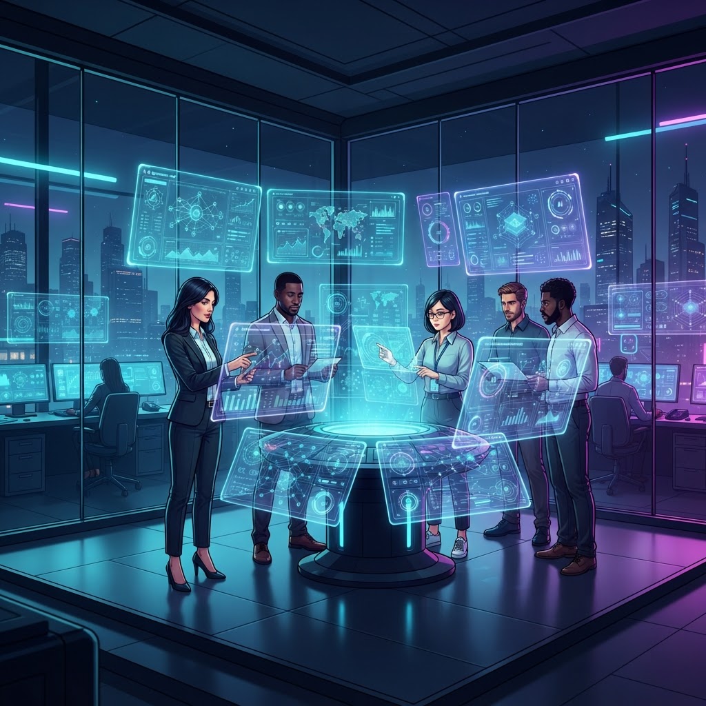 Expertenteam in einem modernen Kontrollraum analysiert holographische Daten-Dashboards