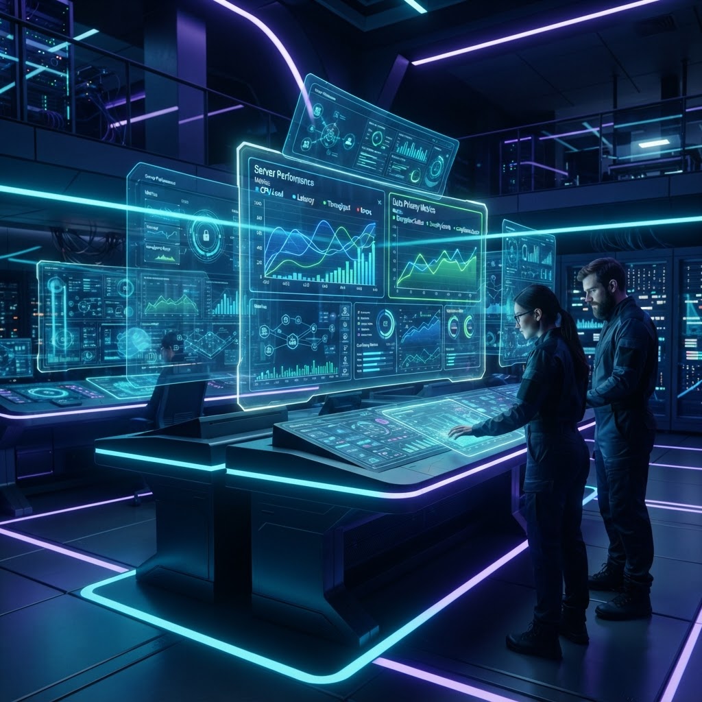 Holografische Dashboards vergleichen KI-Server-Metriken und Datenschutz-Standards in Echtzeit.