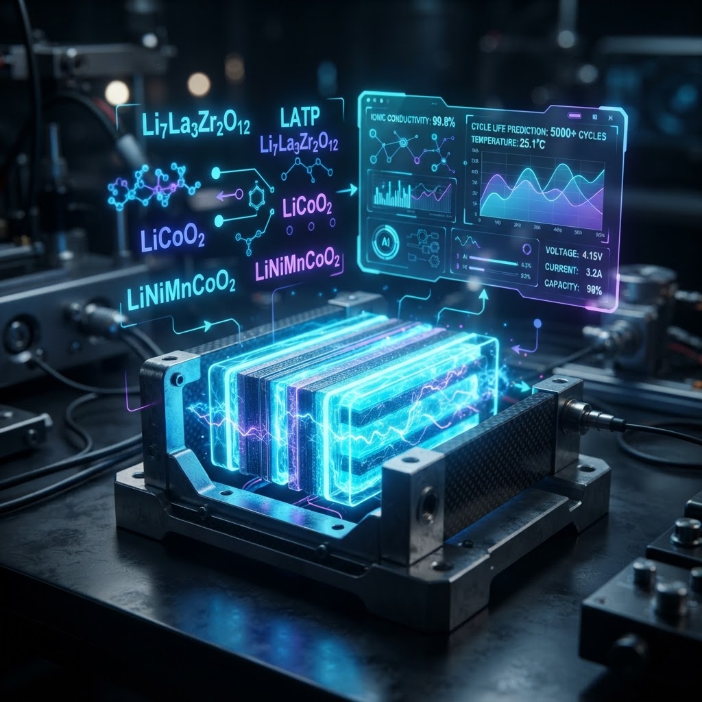 Makroaufnahme einer Feststoffbatterie mit digitalen KI-Vorhersagegraphen und chemischen Formeln.