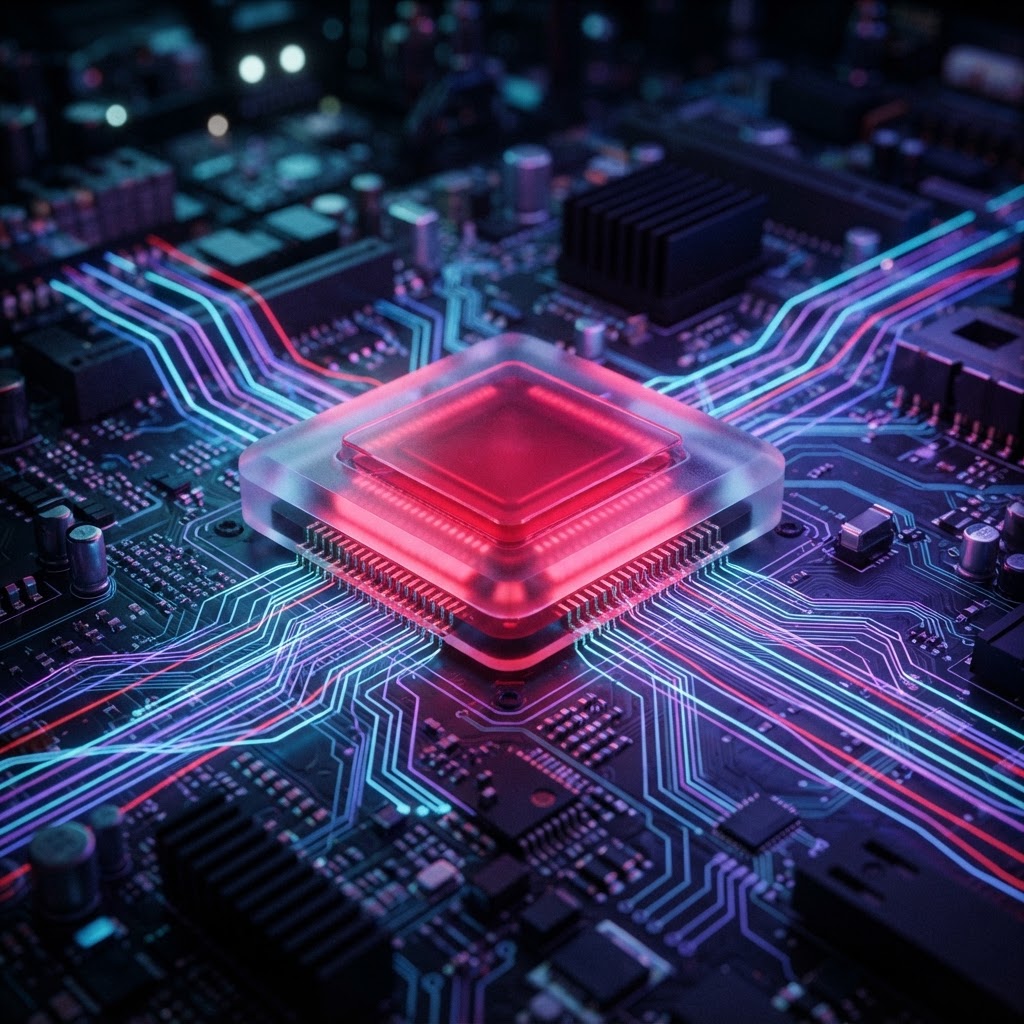 Futuristischer, rubinrot leuchtender KI-Mikrochip auf einer modernen Hochleistungsplatine