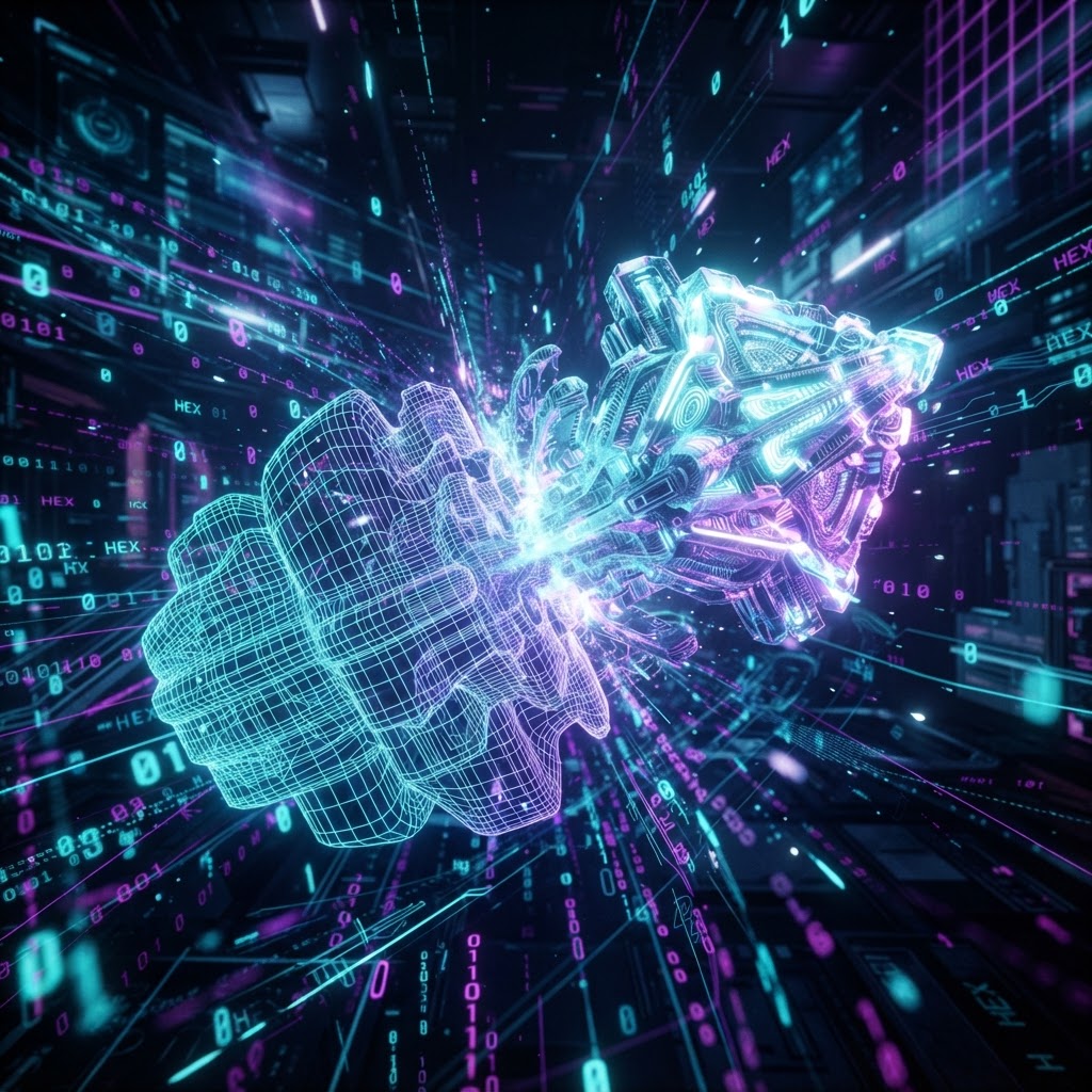 Futuristische Darstellung eines 3D-Wireframes, das durch KI-Algorithmen in ein fotorealistisches Metaverse-Objekt transformiert wird.