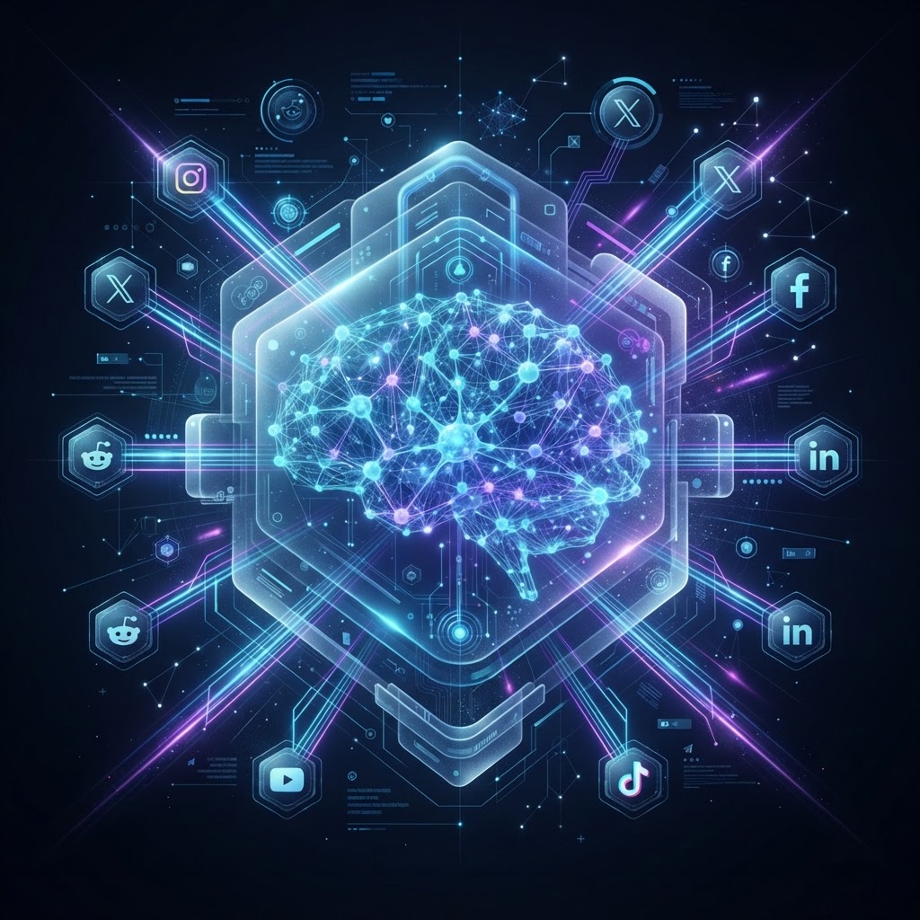 Technisches Architektur-Diagramm eines KI-Influencer-Systems mit neuronalen Netzen und API-Schnittstellen