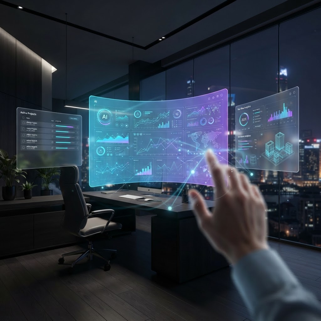 First-Person-Sicht auf ein holographisches Spatial-Computing-Interface, das Augmented Reality und KI verbindet.