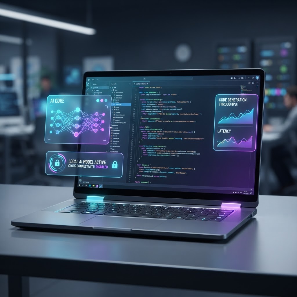 Moderner Firmenlaptop, auf dem lokale KI-Code-Generierung läuft