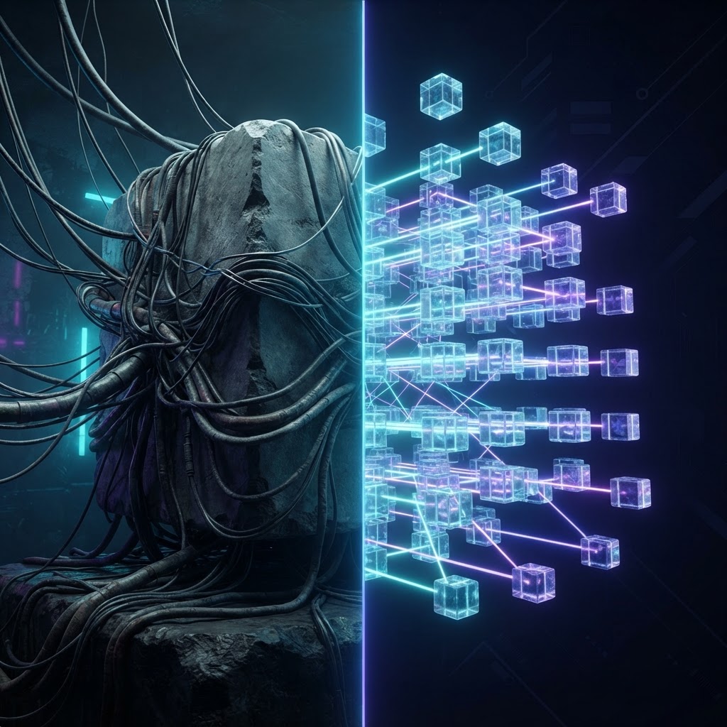 Ein gewaltiger Monolith bricht auf und transformiert sich in kleine, leuchtende Microservices.