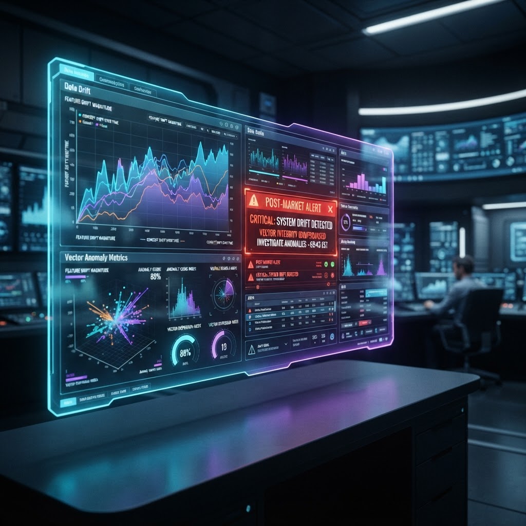 Futuristisches Dashboard, das KI-Metriken und ein Post-Market-Monitoring-Alert anzeigt.