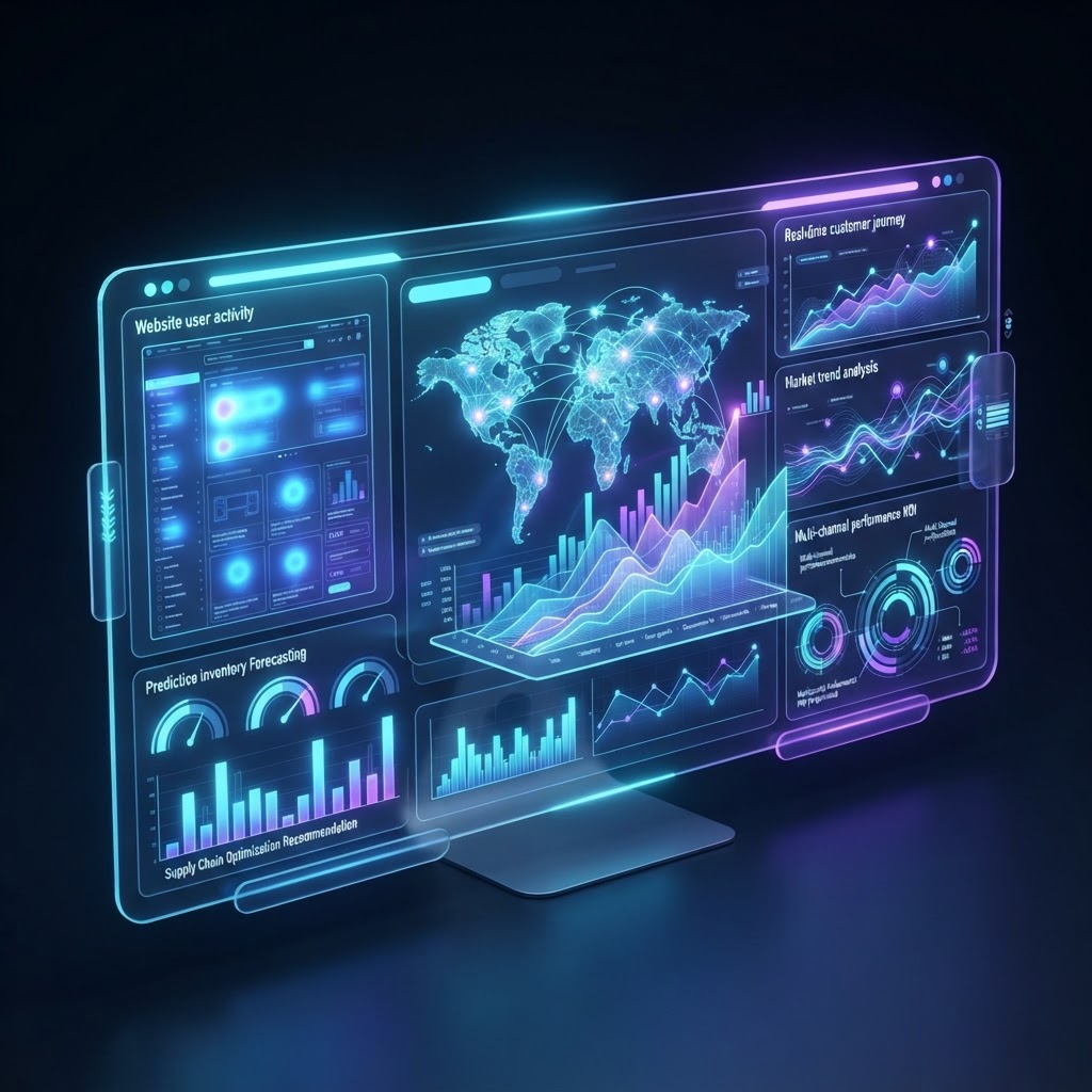 Ein modernes Dashboard für Predictive Analytics, das E-Commerce-Warenströme und Kundenverhalten in Echtzeit visualisiert.