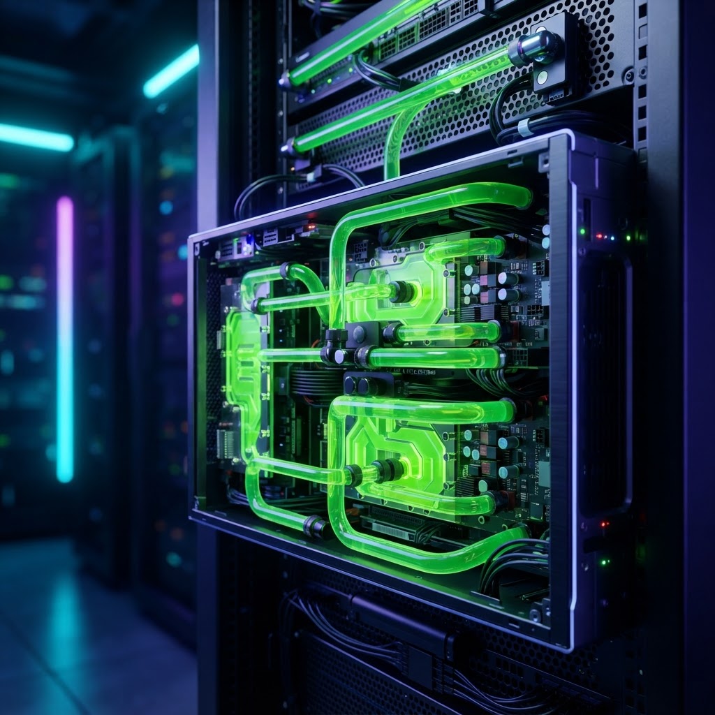 Server-Rack mit Direct-to-Chip Liquid Cooling System für effiziente Wärmeabfuhr