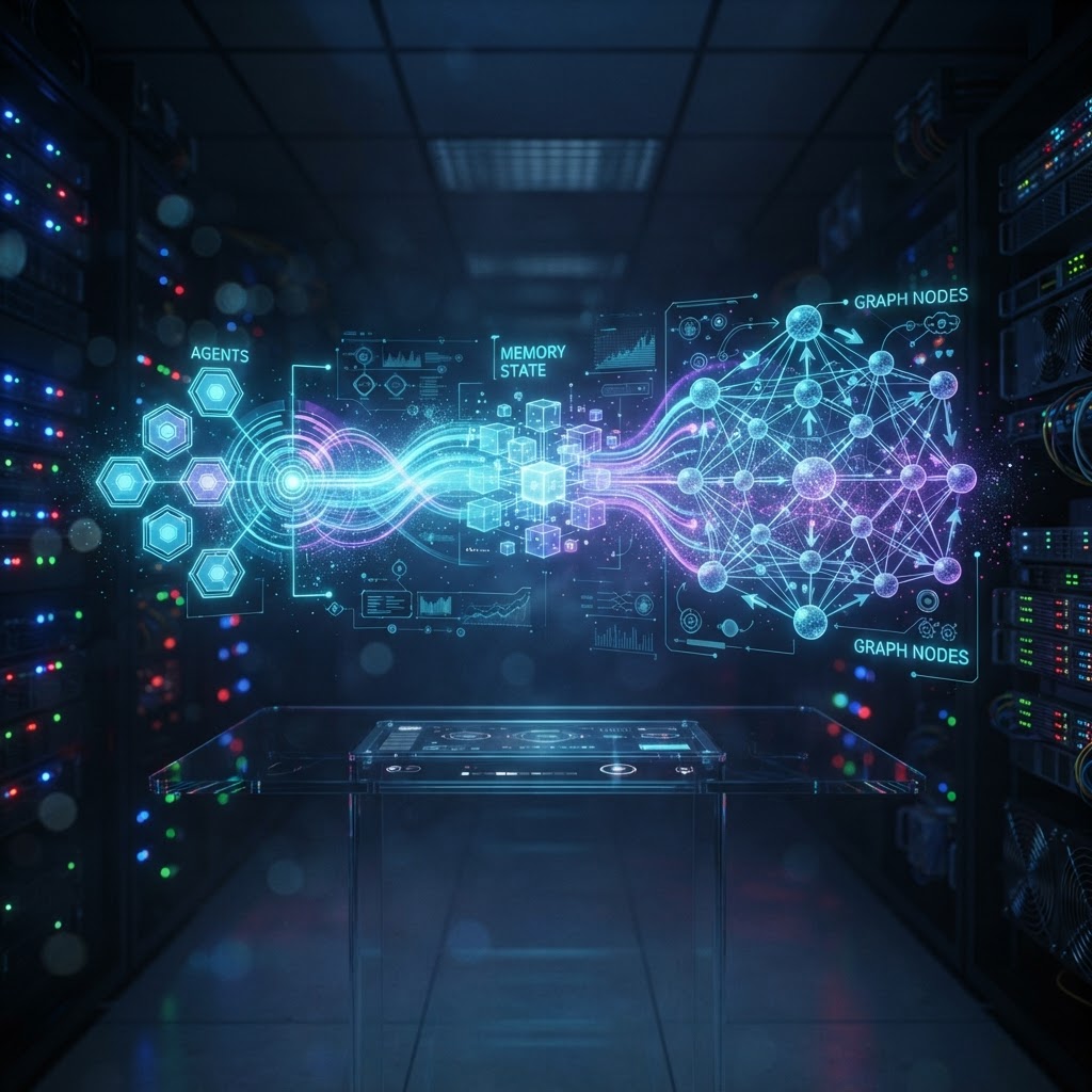 Holografisches Architekturdiagramm eines zustandsbehafteten LangGraph-Systems im Enterprise-Einsatz