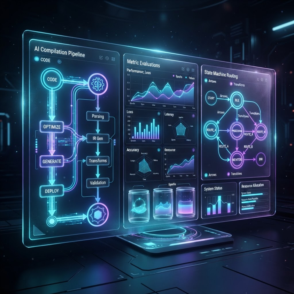 High-Tech Dashboard, das KI-Evaluierungsmetriken und State Machine Routing zeigt