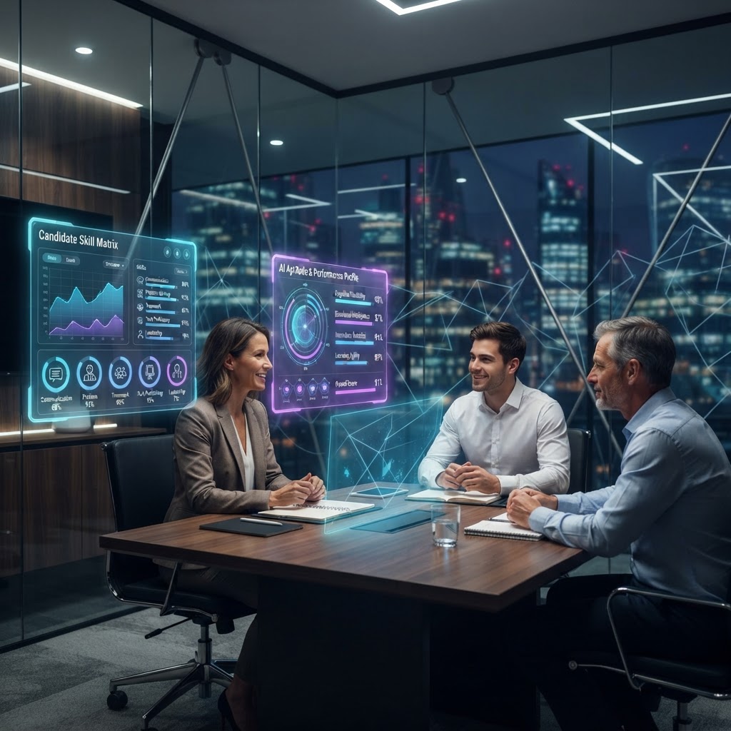 Modernes Bewerbungsgespräch mit Augmented-Reality-Analyse von technischen Kandidaten-Fähigkeiten