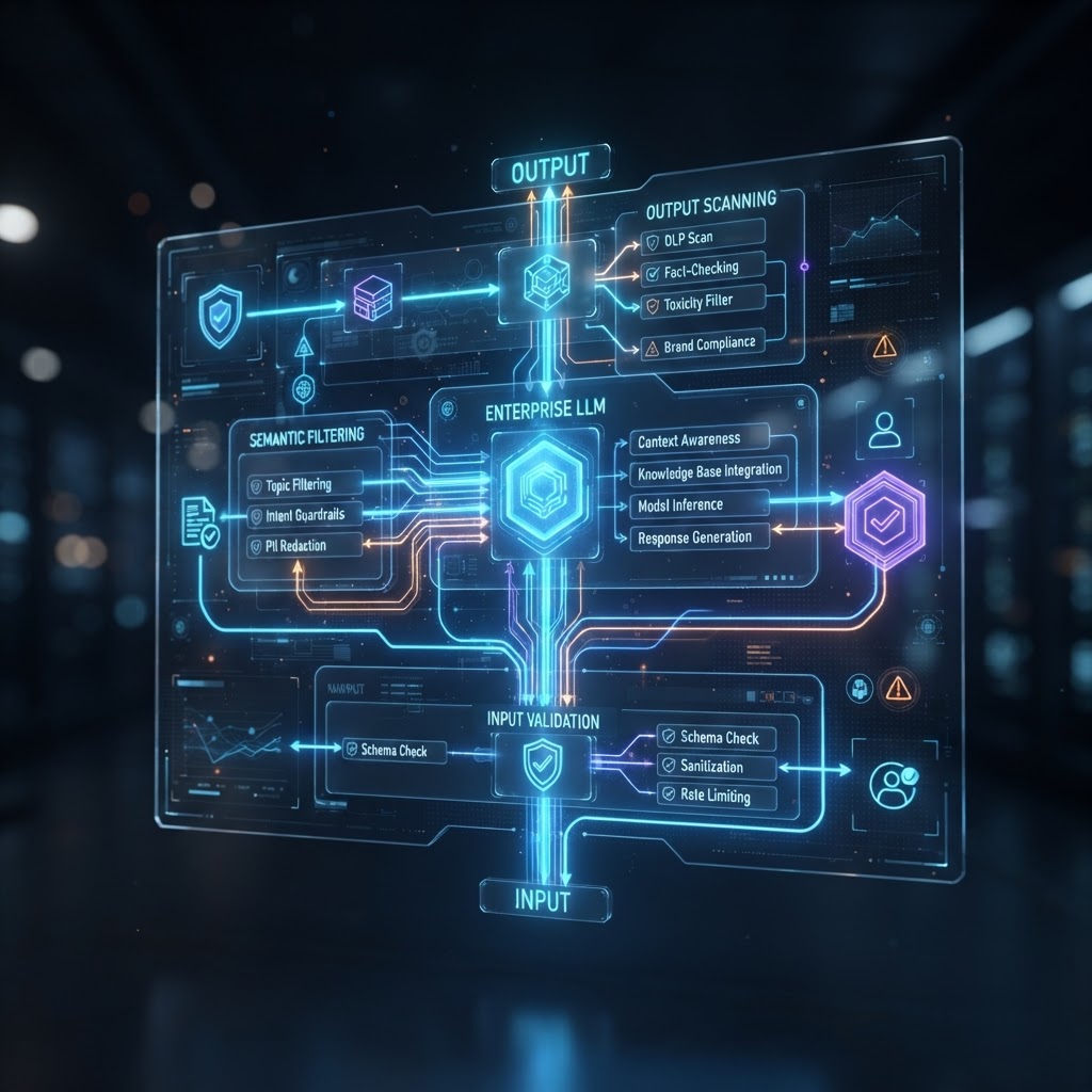 Holografisches Architektur-Diagramm einer sicheren LLM-Enterprise-Infrastruktur mit Filterebenen