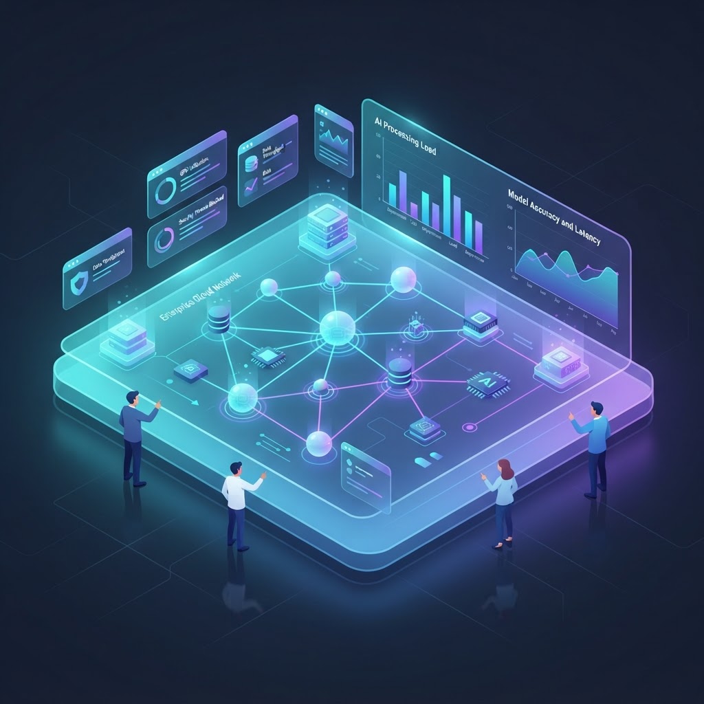 Isometrische Darstellung eines Dashboards zur Überwachung und Steuerung der KI-Nutzung im Unternehmen.