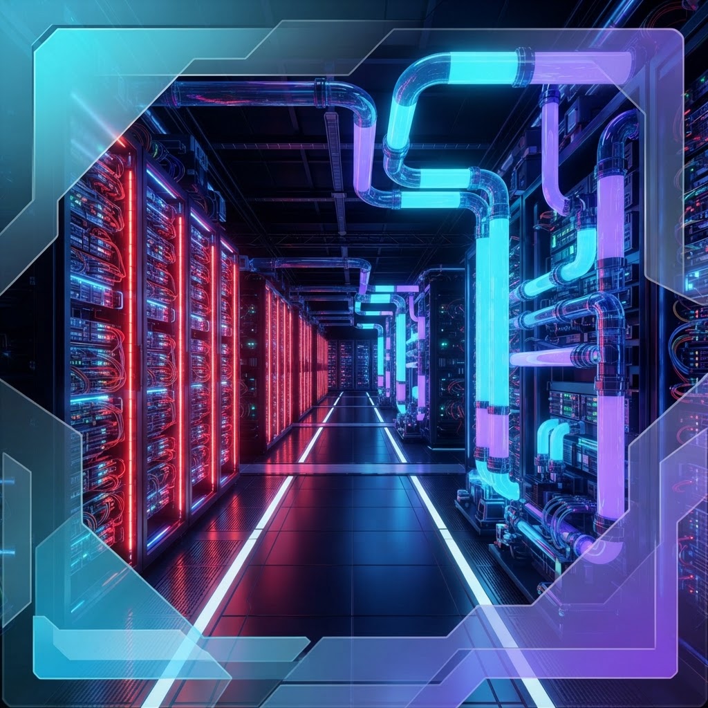 Modernes Rechenzentrum mit leuchtenden Server-Racks und sichtbarer Flüssigkeitskühlung für Hochleistungs-GPUs