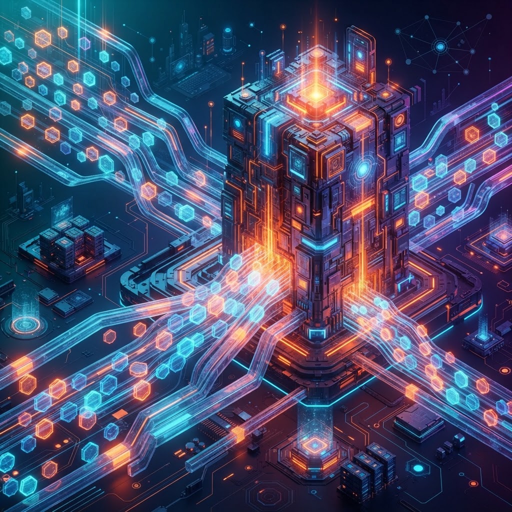 Visualisierung einer komplexen Daten-Pipeline und Vector-Datenbank, die als signifikante Kostenfaktoren in KI-Projekten fungieren.
