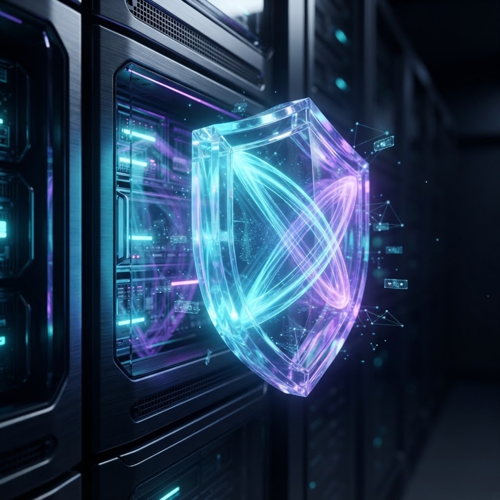 Futuristischer Serverraum mit glühendem Schutzschild als Symbol für Daten-Souveränität und Federated Learning