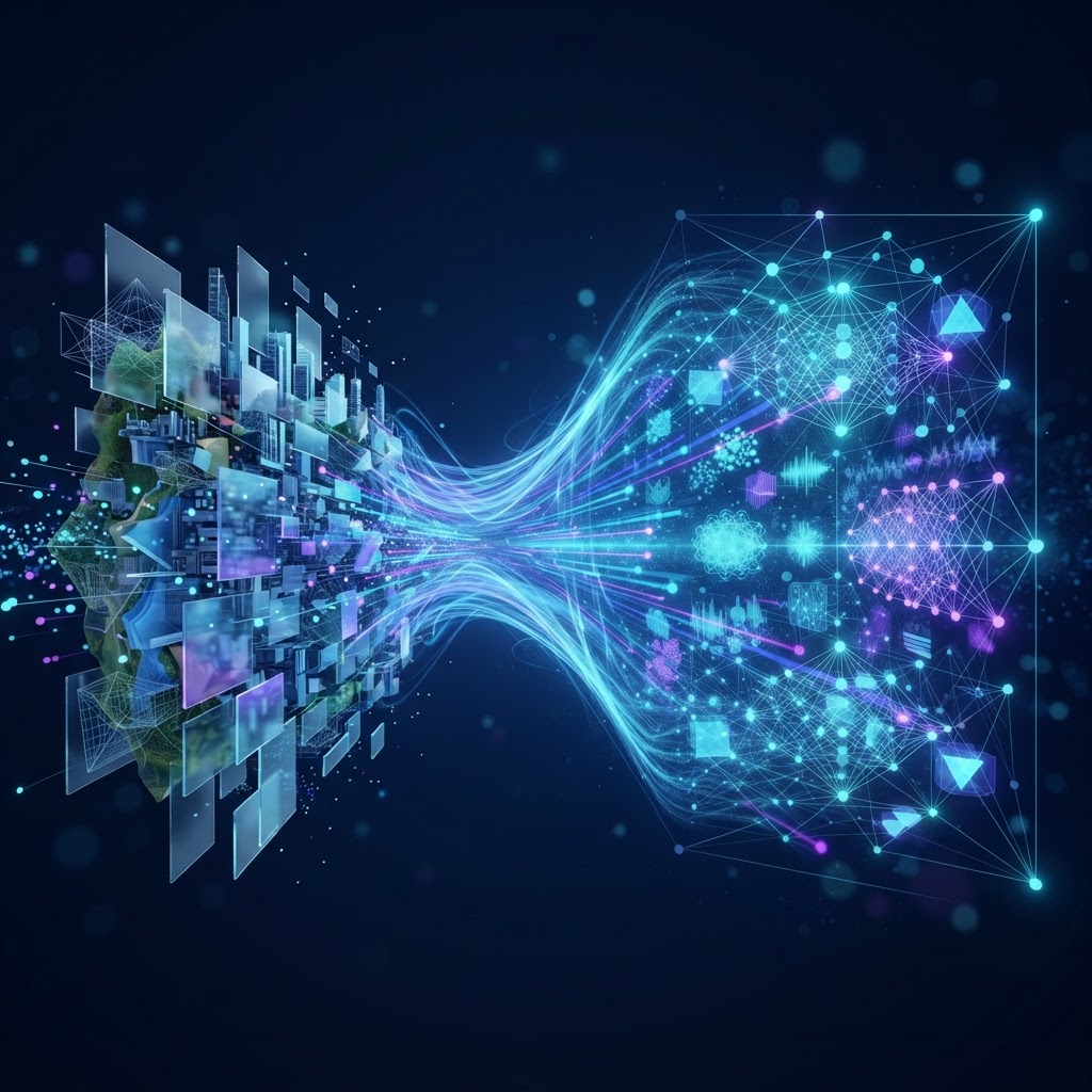 Abstrakte Darstellung eines multimodalen Weltmodells, das physische Gesetze in einen digitalen Vektorraum projiziert.