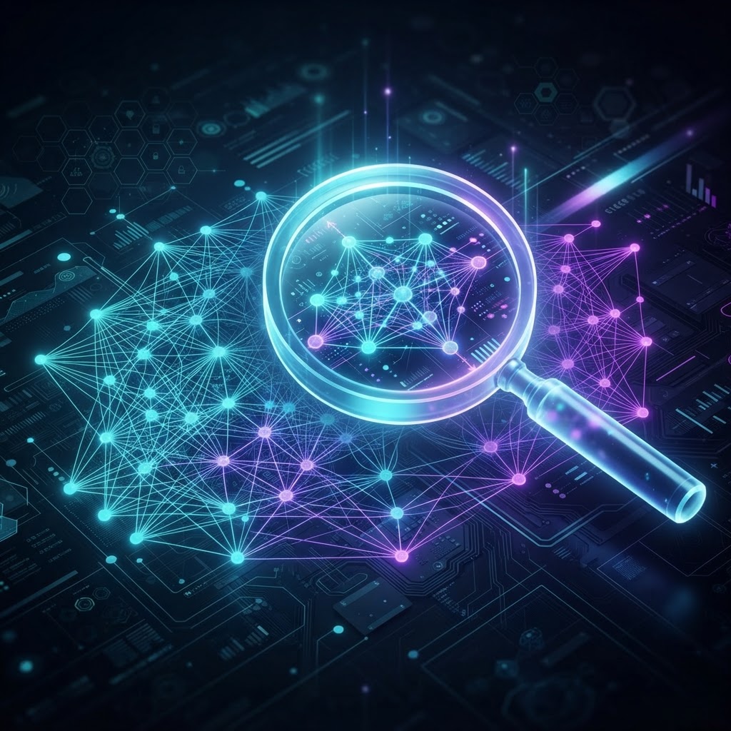 Digitale Lupe analysiert ein neuronales Netzwerk und symbolisiert ein tiefgehendes KI-Audit.