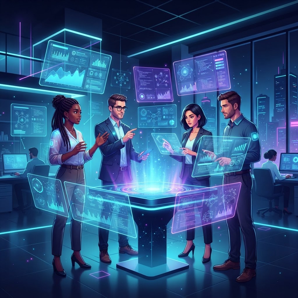 Professionelles Team arbeitet fokussiert an KI-gestützten Enterprise-Workflows